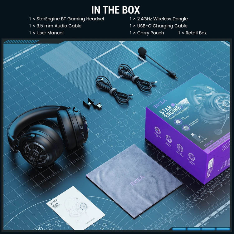 EKSA E5000 BT 2.4GHz Wireless Headphones Bluetooth 5.3 Gaming Headset Gamer with ENC Noise Cancelling Mic for PC/PS5/Xbox, 100H - NexoEden