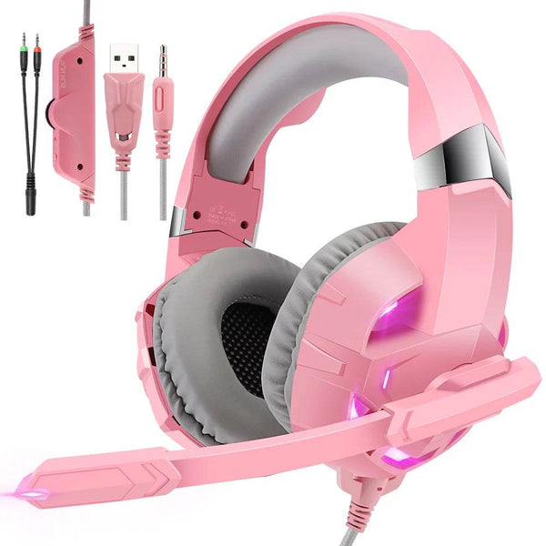Pink K2 Gaming Headphone With HD Mic PS5 Wired Headset For Gamer Girls 3D Surround Sound Over-Ear Headphone For PC - NexoEden