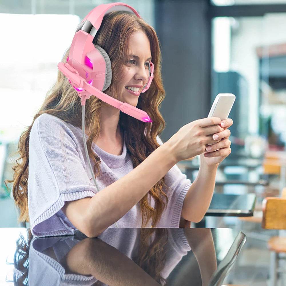 Pink K2 Gaming Headphone With HD Mic PS5 Wired Headset For Gamer Girls 3D Surround Sound Over-Ear Headphone For PC - NexoEden