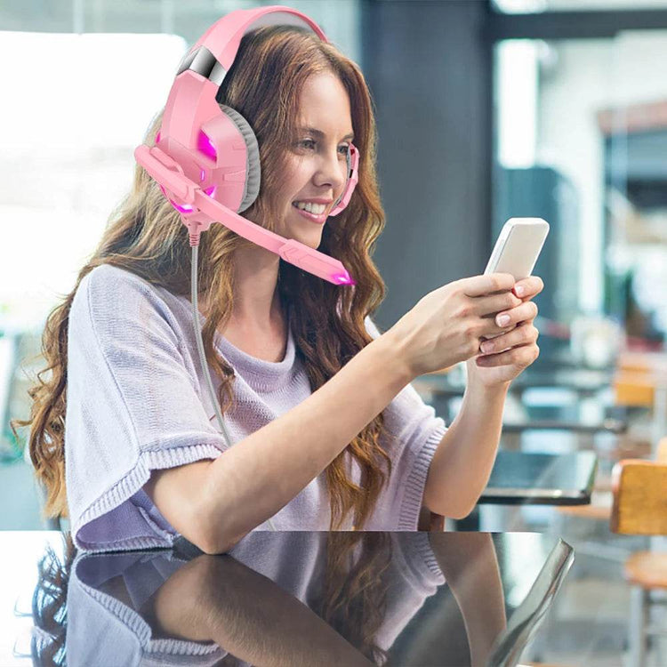 Pink K2 Gaming Headphone With HD Mic PS5 Wired Headset For Gamer Girls 3D Surround Sound Over-Ear Headphone For PC - NexoEden