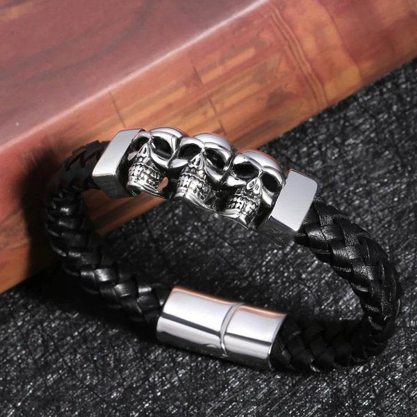 Hyperbole Men Jewelry Black Braided Leather Bracelets Stainless Steel Leahter Bracelets Cool Skull Bracelets Men Bracelet - NexoEden