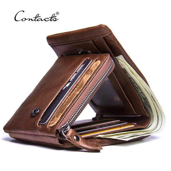 CONTACT'S Genuine Crazy Horse Leather Men Wallets Vintage Trifold Wallet Zip Coin Pocket Purse Cowhide Leather Wallet For Mens - NexoEden