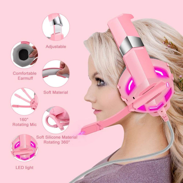 Pink K2 Gaming Headphone With HD Mic PS5 Wired Headset For Gamer Girls 3D Surround Sound Over-Ear Headphone For PC - NexoEden