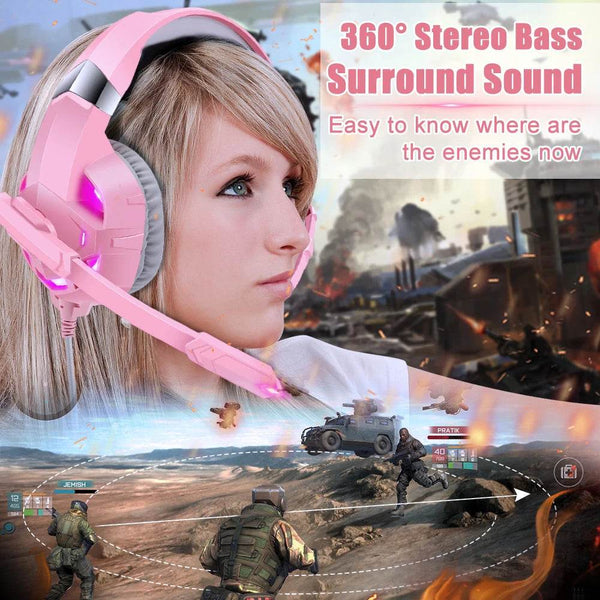 Pink K2 Gaming Headphone With HD Mic PS5 Wired Headset For Gamer Girls 3D Surround Sound Over-Ear Headphone For PC - NexoEden