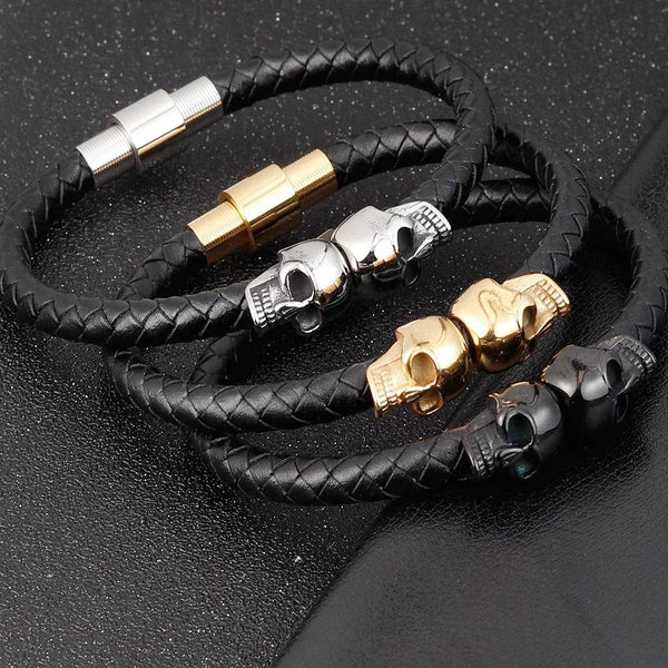 Hyperbole Men Jewelry Black Braided Leather Bracelets Stainless Steel Leahter Bracelets Cool Skull Bracelets Men Bracelet - NexoEden