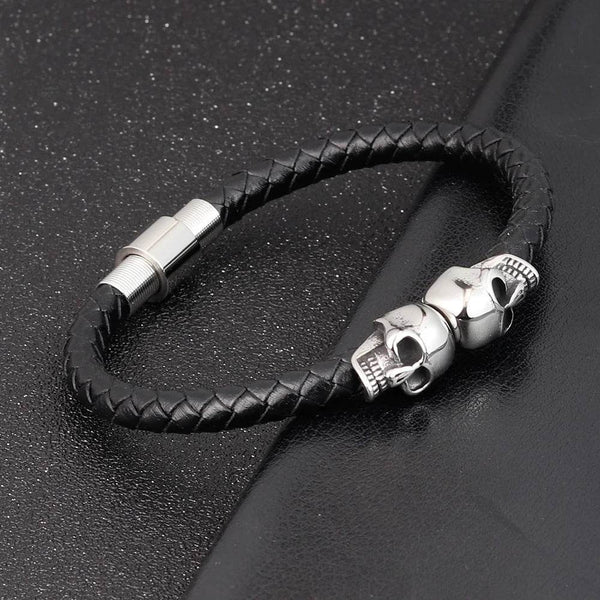 Hyperbole Men Jewelry Black Braided Leather Bracelets Stainless Steel Leahter Bracelets Cool Skull Bracelets Men Bracelet - NexoEden