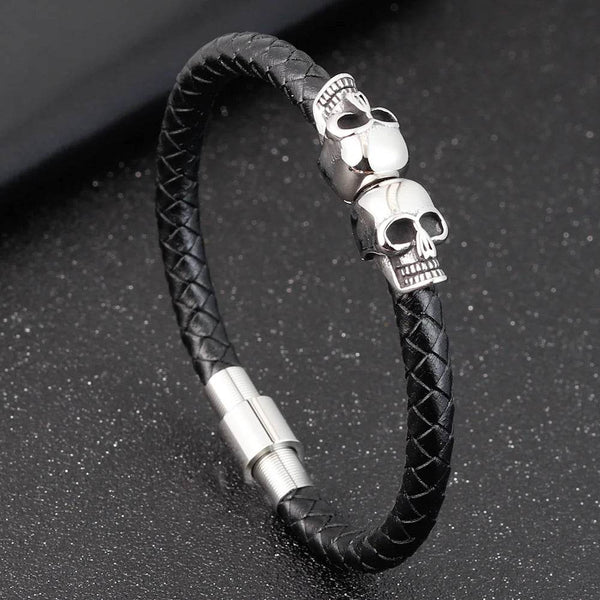Hyperbole Men Jewelry Black Braided Leather Bracelets Stainless Steel Leahter Bracelets Cool Skull Bracelets Men Bracelet - NexoEden