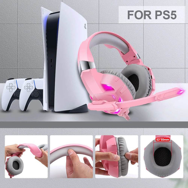 Pink K2 Gaming Headphone With HD Mic PS5 Wired Headset For Gamer Girls 3D Surround Sound Over-Ear Headphone For PC - NexoEden
