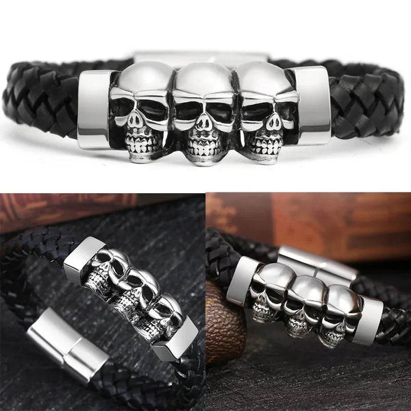 Hyperbole Men Jewelry Black Braided Leather Bracelets Stainless Steel Leahter Bracelets Cool Skull Bracelets Men Bracelet - NexoEden
