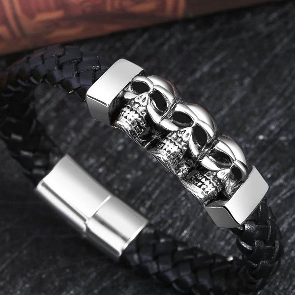 Hyperbole Men Jewelry Black Braided Leather Bracelets Stainless Steel Leahter Bracelets Cool Skull Bracelets Men Bracelet - NexoEden