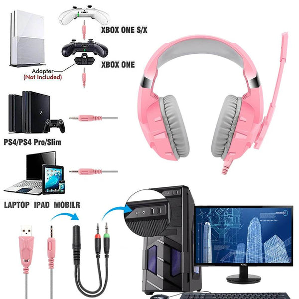 Pink K2 Gaming Headphone With HD Mic PS5 Wired Headset For Gamer Girls 3D Surround Sound Over-Ear Headphone For PC - NexoEden