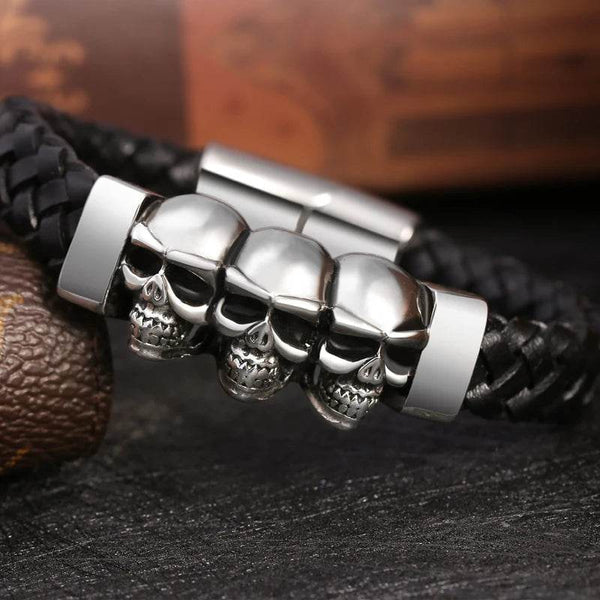 Hyperbole Men Jewelry Black Braided Leather Bracelets Stainless Steel Leahter Bracelets Cool Skull Bracelets Men Bracelet - NexoEden