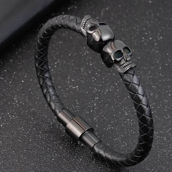 Hyperbole Men Jewelry Black Braided Leather Bracelets Stainless Steel Leahter Bracelets Cool Skull Bracelets Men Bracelet - NexoEden