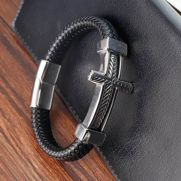 Cross Stainless Steel Anchor Leather Bracelet Elegant Men's Chunky Jewelry Accessories - NexoEden