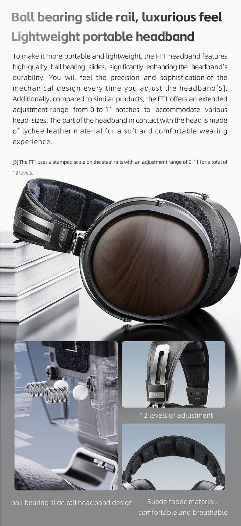 FiiO FT1 Closed-Back Over-Ear Headphone 60mm Dynamic Driver Hi-Res Audio Wired HiFi American Black Wood Ear Cups for Studio - NexoEden
