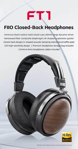 FiiO FT1 Closed-Back Over-Ear Nanowood Fiber Composite Diaphragm Wired Hi-Fi Headphones, American Black Wood Ear Cups for Studio - NexoEden