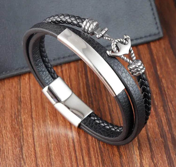 Cross Stainless Steel Anchor Leather Bracelet Elegant Men's Chunky Jewelry Accessories - NexoEden
