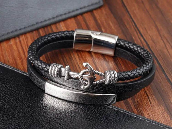 Cross Stainless Steel Anchor Leather Bracelet Elegant Men's Chunky Jewelry Accessories - NexoEden