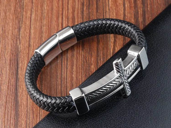 Cross Stainless Steel Anchor Leather Bracelet Elegant Men's Chunky Jewelry Accessories - NexoEden
