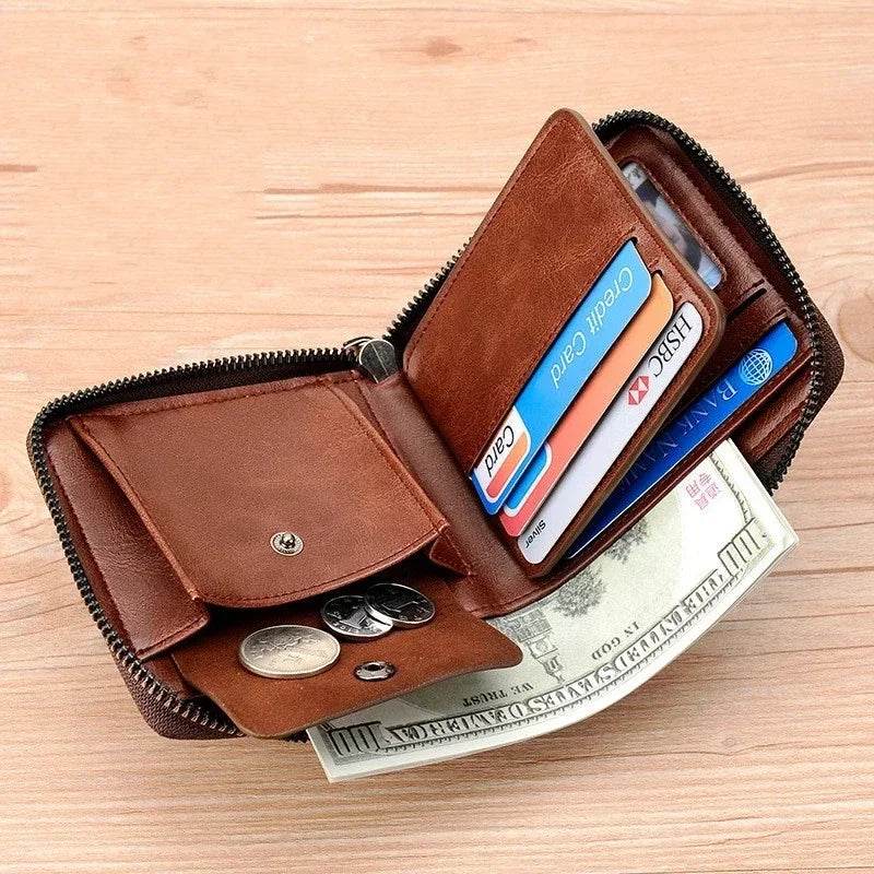 Genuine Leather Men's Wallet Luxury Short RFID Card Holder for Men Zipper Coin Purse Portable Male Wallets Billfold - NexoEden