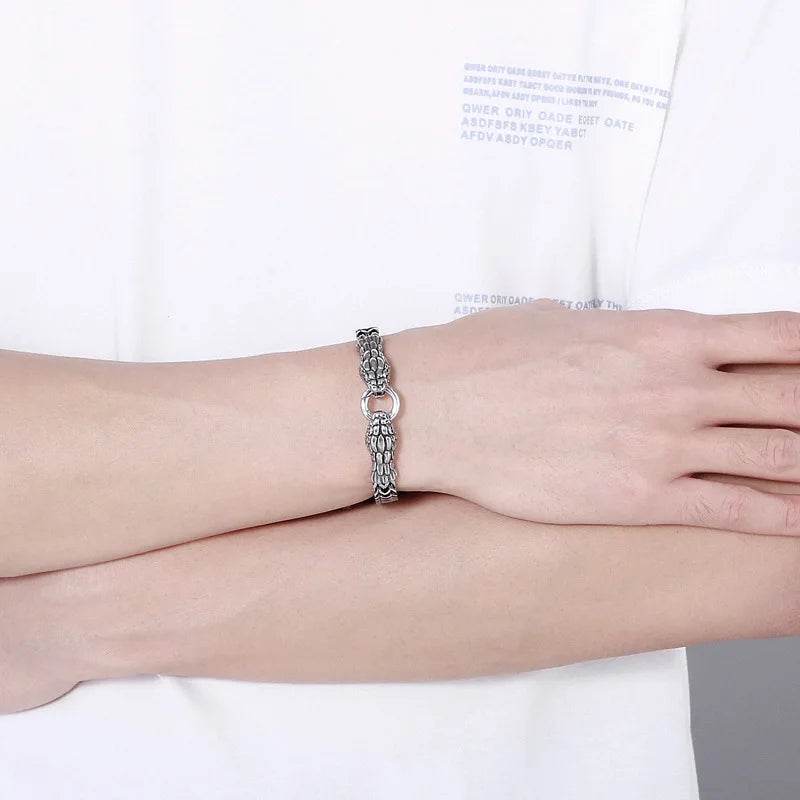 Stainless Steel Double Snake Head Men Bracelet Punk Domineering Snake Bracelet Retro Fashion Couple Men Holiday Gift Bracelet - NexoEden