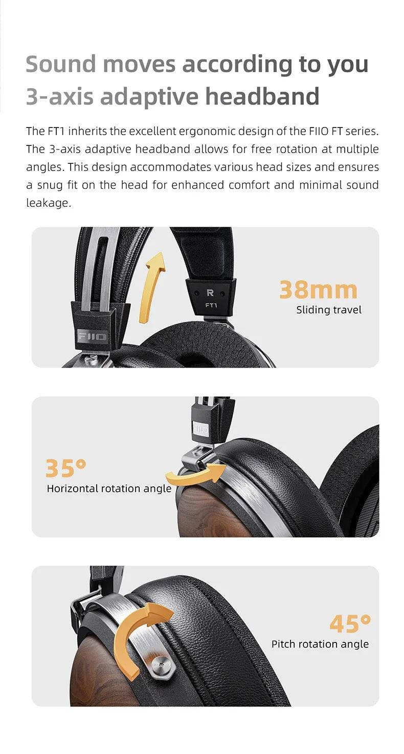 FiiO FT1 Closed-Back Over-Ear Headphone 60mm Dynamic Driver Hi-Res Audio Wired HiFi American Black Wood Ear Cups for Studio - NexoEden