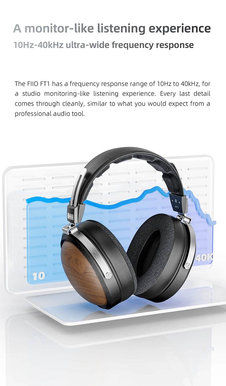 FiiO FT1 Closed-Back Over-Ear Nanowood Fiber Composite Diaphragm Wired Hi-Fi Headphones, American Black Wood Ear Cups for Studio - NexoEden