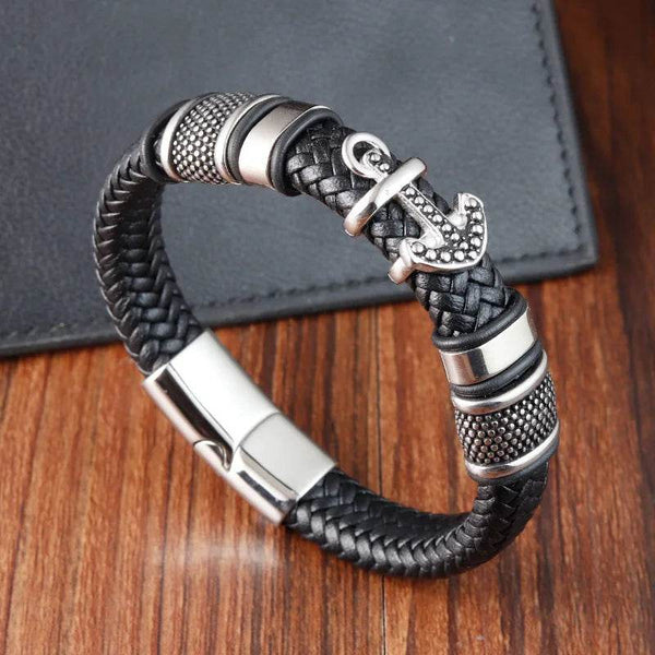 Cross Stainless Steel Anchor Leather Bracelet Elegant Men's Chunky Jewelry Accessories - NexoEden