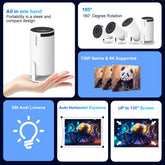 Proyector portatil blanco Android 14 sobre una mesa del salon