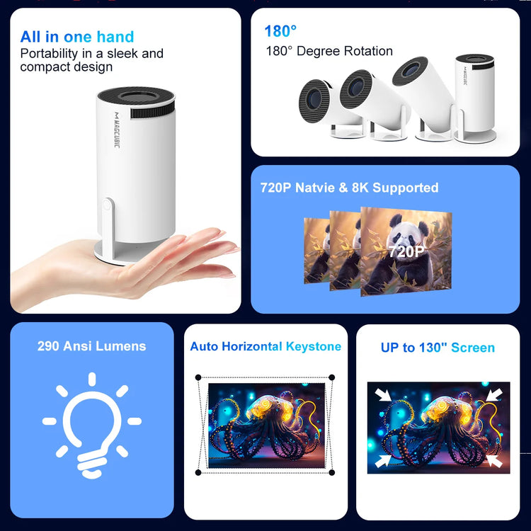 Proyector portatil blanco Android 14 sobre una mesa del salon