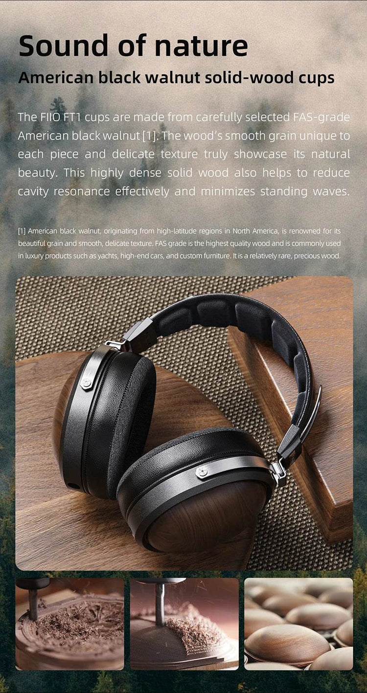 FiiO FT1 Closed-Back Over-Ear Nanowood Fiber Composite Diaphragm Wired Hi-Fi Headphones, American Black Wood Ear Cups for Studio - NexoEden