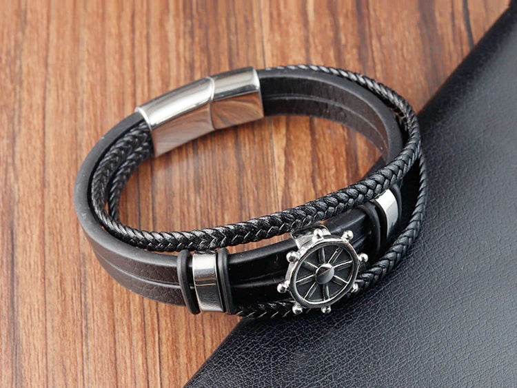Cross Stainless Steel Anchor Leather Bracelet Elegant Men's Chunky Jewelry Accessories - NexoEden