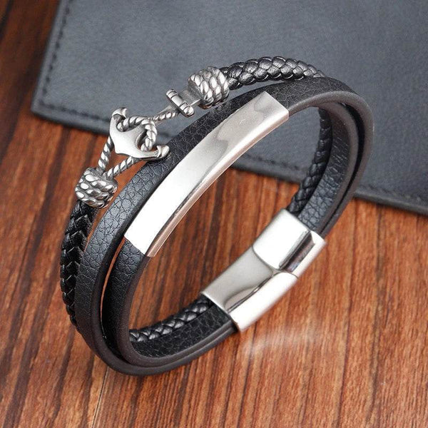Cross Stainless Steel Anchor Leather Bracelet Elegant Men's Chunky Jewelry Accessories - NexoEden
