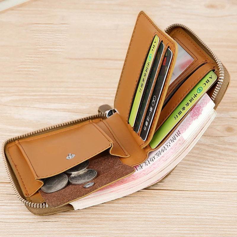 Leather Men’s Wallet Luxury Mens	Purse Male Zipper Card Holders with Coin Pocket Rfid Wallets Gifts for Men Money Bag - NexoEden