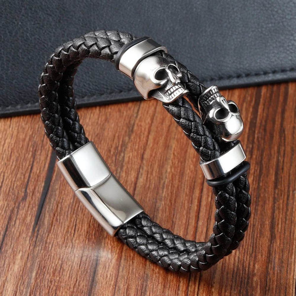Hyperbole Men Jewelry Black Braided Leather Bracelets Stainless Steel Leahter Bracelets Cool Skull Bracelets Men Bracelet - NexoEden