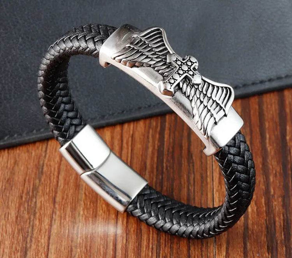 Cross Stainless Steel Anchor Leather Bracelet Elegant Men's Chunky Jewelry Accessories - NexoEden