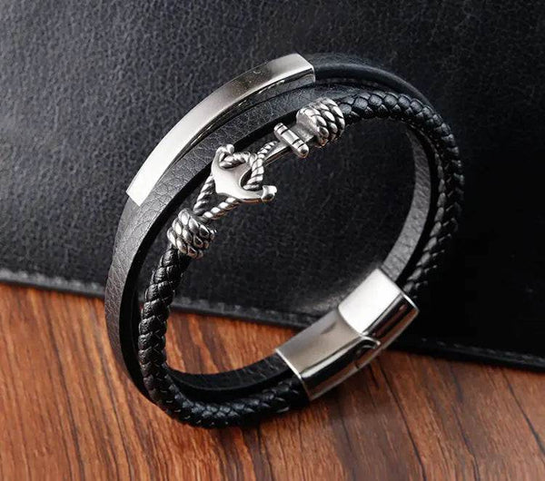 Cross Stainless Steel Anchor Leather Bracelet Elegant Men's Chunky Jewelry Accessories - NexoEden