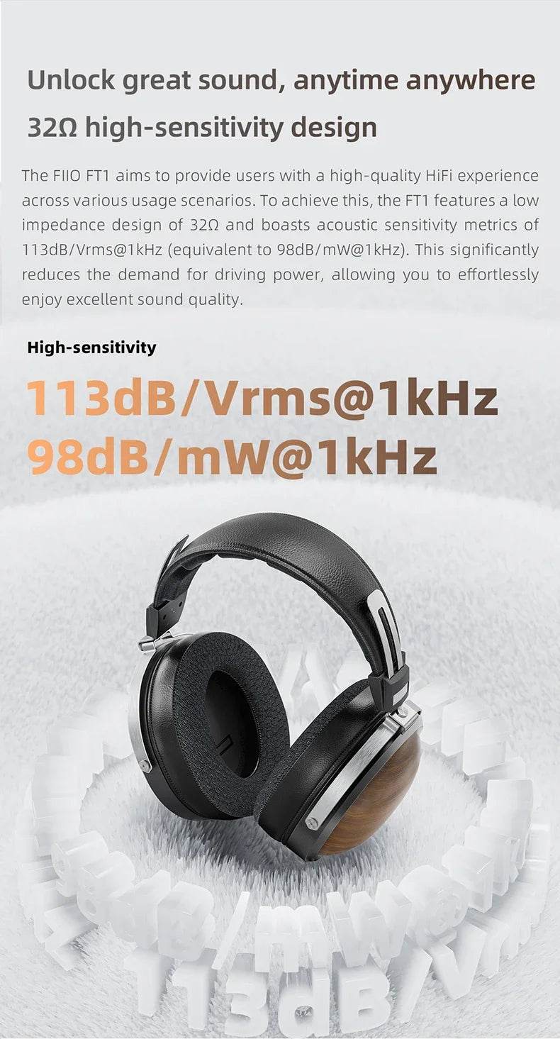 FiiO FT1 Closed-Back Over-Ear Headphone 60mm Dynamic Driver Hi-Res Audio Wired HiFi American Black Wood Ear Cups for Studio - NexoEden