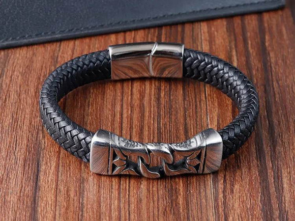 Cross Stainless Steel Anchor Leather Bracelet Elegant Men's Chunky Jewelry Accessories - NexoEden