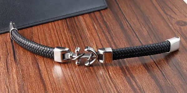 Cross Stainless Steel Anchor Leather Bracelet Elegant Men's Chunky Jewelry Accessories - NexoEden