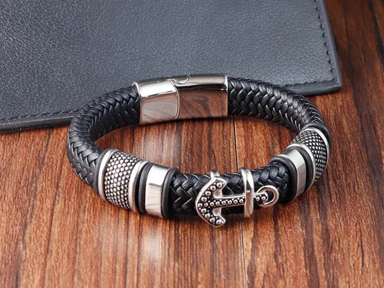 Cross Stainless Steel Anchor Leather Bracelet Elegant Men's Chunky Jewelry Accessories - NexoEden