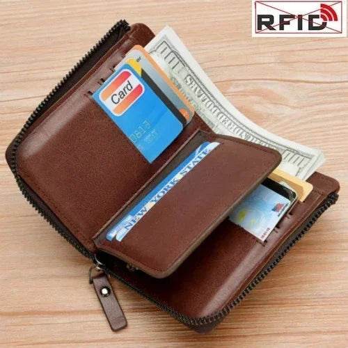 Genuine Leather Men's Wallet Luxury Short RFID Card Holder for Men Zipper Coin Purse Portable Male Wallets Billfold - NexoEden
