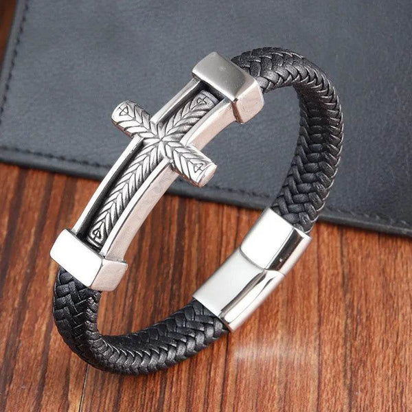 Cross Stainless Steel Anchor Leather Bracelet Elegant Men's Chunky Jewelry Accessories - NexoEden
