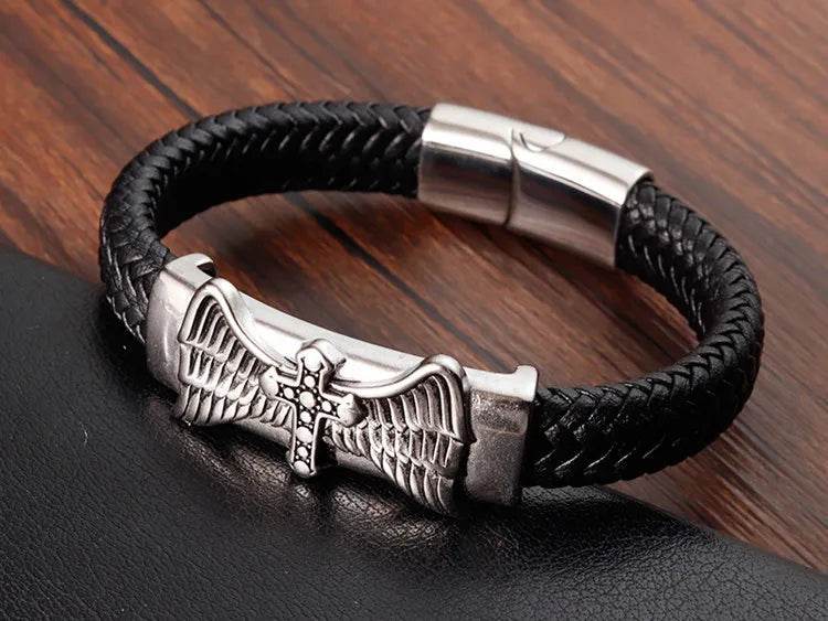 Cross Stainless Steel Anchor Leather Bracelet Elegant Men's Chunky Jewelry Accessories - NexoEden