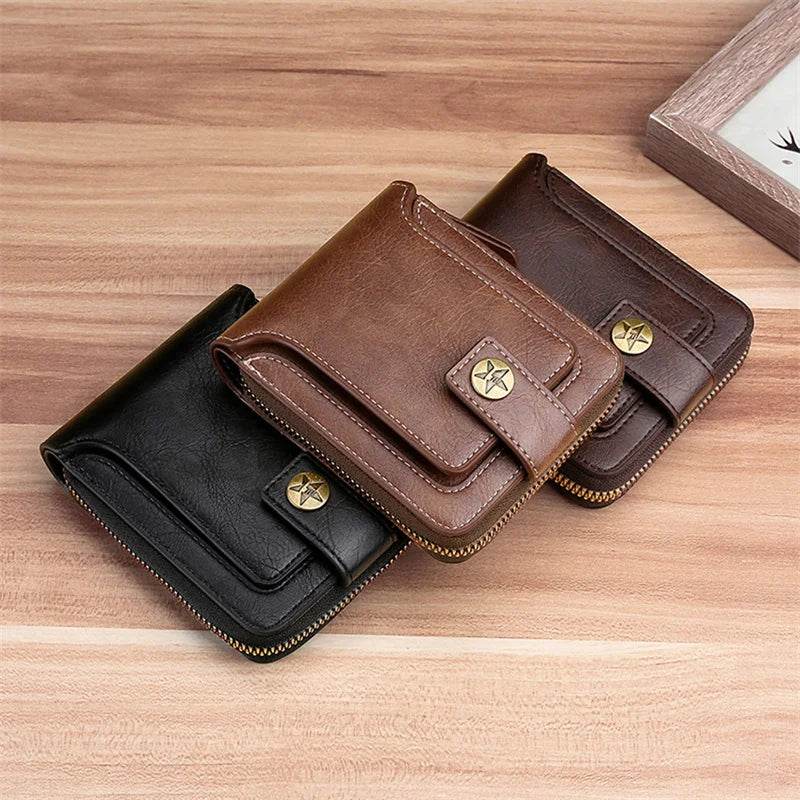 Vintage Men's PU Leather Short Wallet – Durable Zipper Clutch - NexoEden