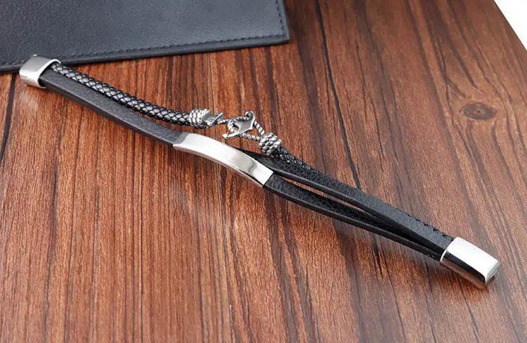 Cross Stainless Steel Anchor Leather Bracelet Elegant Men's Chunky Jewelry Accessories - NexoEden