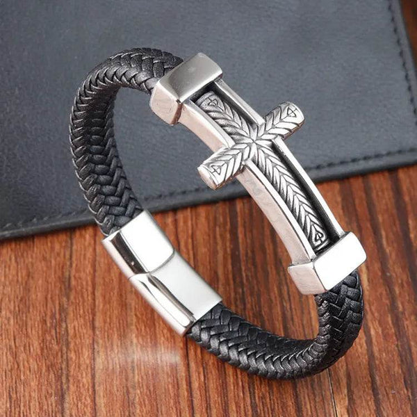 Cross Stainless Steel Anchor Leather Bracelet Elegant Men's Chunky Jewelry Accessories - NexoEden