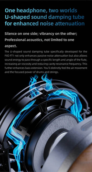FiiO FT1 Closed-Back Over-Ear Headphone 60mm Dynamic Driver Hi-Res Audio Wired HiFi American Black Wood Ear Cups for Studio - NexoEden