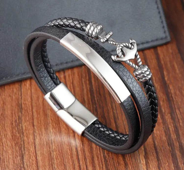Cross Stainless Steel Anchor Leather Bracelet Elegant Men's Chunky Jewelry Accessories - NexoEden