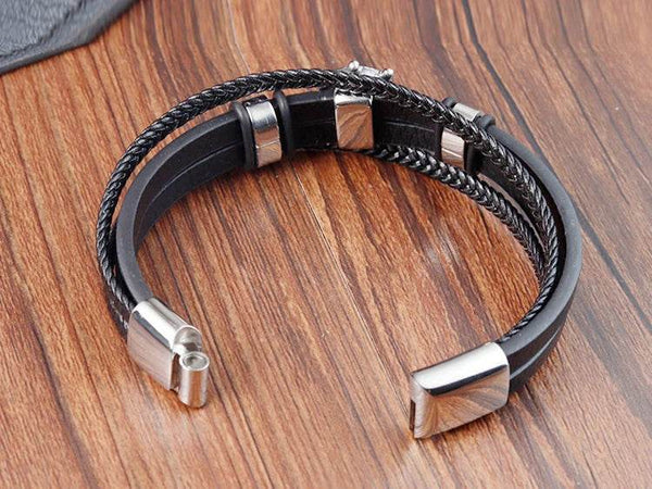 Cross Stainless Steel Anchor Leather Bracelet Elegant Men's Chunky Jewelry Accessories - NexoEden
